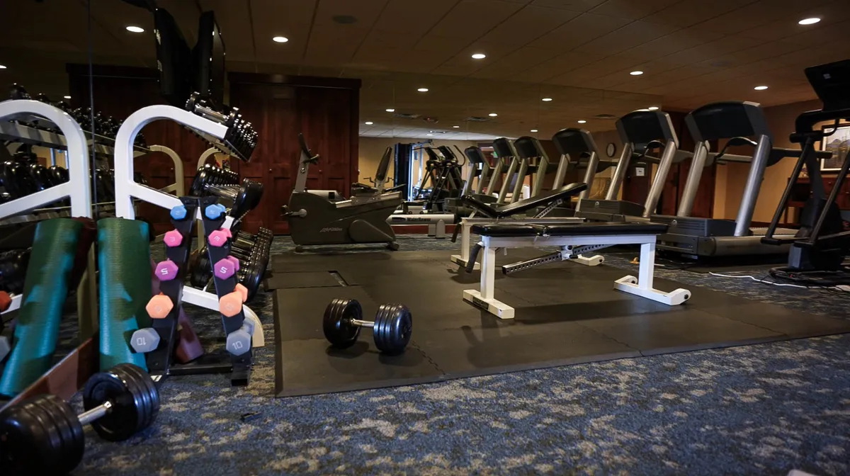 A bright, well-equipped fitness center features a range of exercise equipment like dumbbells, treadmills, a weight bench, and exercise mats. Large windows bring in natural light, enhancing the motivating atmosphere and providing glimpses of the outdoors, making the space feel connected to the surrounding mountain landscape.